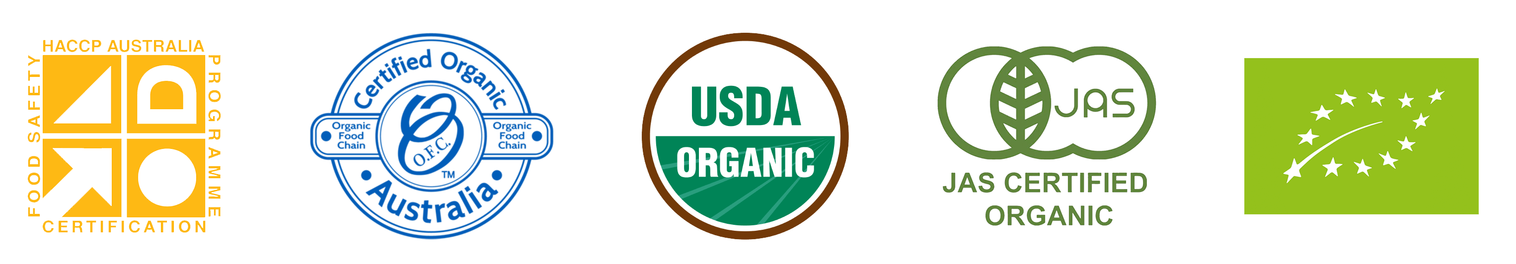 HACCP, The Organic Food Chain, USDA/NOP, EU and JAS certifications.